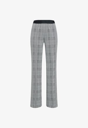 Gray plaid pants with a black elastic waistband, straight cut, and subtle texture. Features a classic check pattern with contrasting lines.