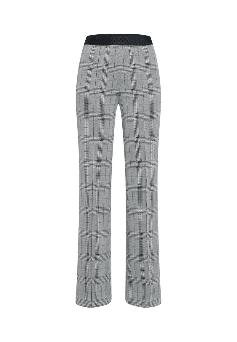 Gray plaid pants with a black elastic waistband, straight cut, and subtle texture. Features a classic check pattern with contrasting lines.