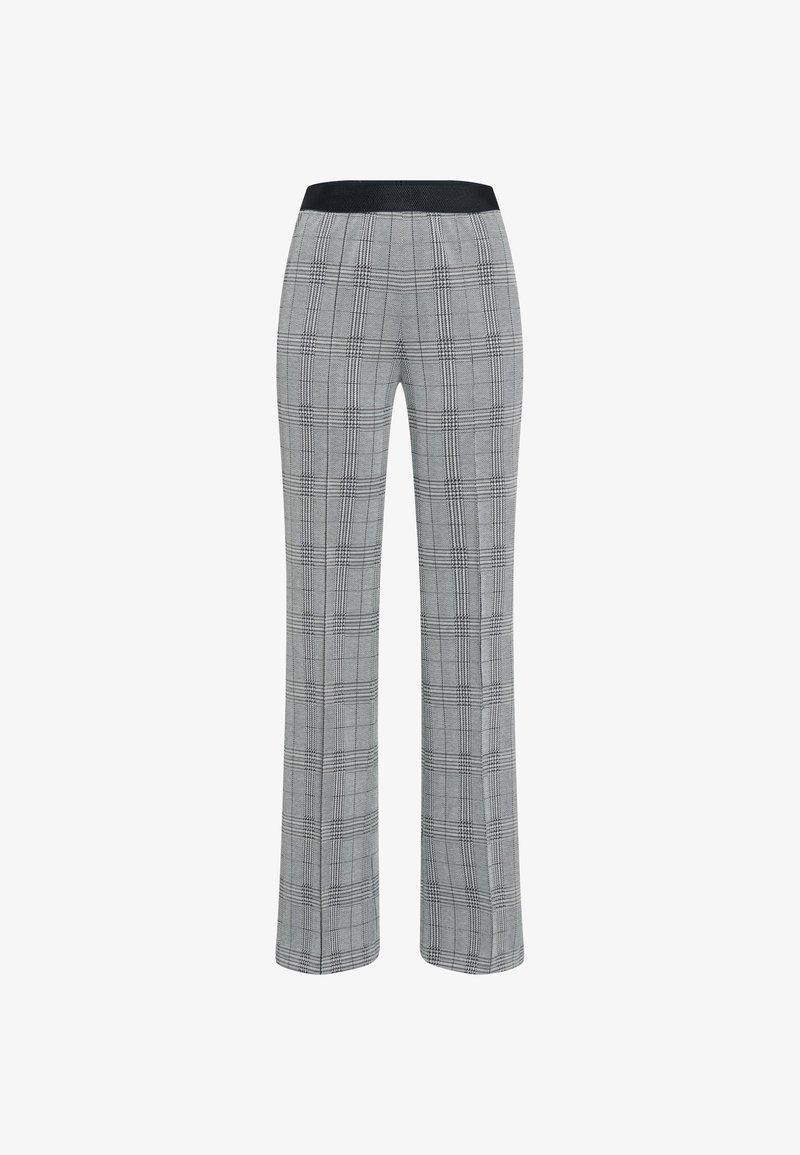 Gray plaid pants with a black elastic waistband, straight cut, and subtle texture. Features a classic check pattern with contrasting lines.