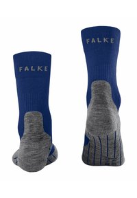 Blåa och gråa strumpor med ribbat mönster, med förstärkta häl- och tåområden. Varumärket "FALKE" är tryckt i ljusgrått på manschetten.