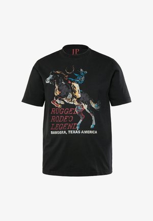 Sort bomulds T-shirt med et farverigt rodeo-grafik, der viser en cowboy på en hest og teksten "Rugged Rodeo Legend, Bandera, Texas America."