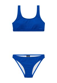 Blauwe bikini set met een gestructureerde top met vierkante hals en een low-rise broekje met contrasterende witte voering. Gemaakt van rekbaar materiaal.