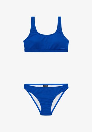 Blauwe bikini set met een gestructureerde top met vierkante hals en een low-rise broekje met contrasterende witte voering. Gemaakt van rekbaar materiaal.