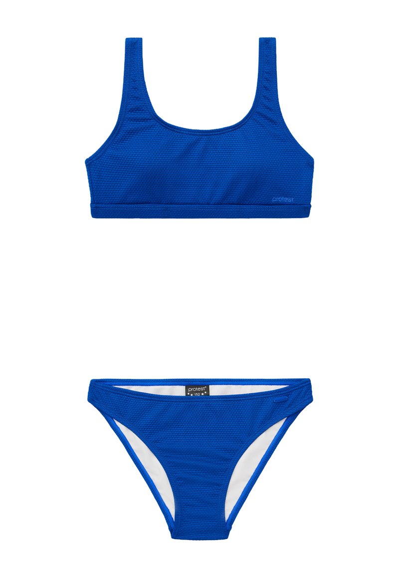 Blauwe bikini set met een gestructureerde top met vierkante hals en een low-rise broekje met contrasterende witte voering. Gemaakt van rekbaar materiaal.