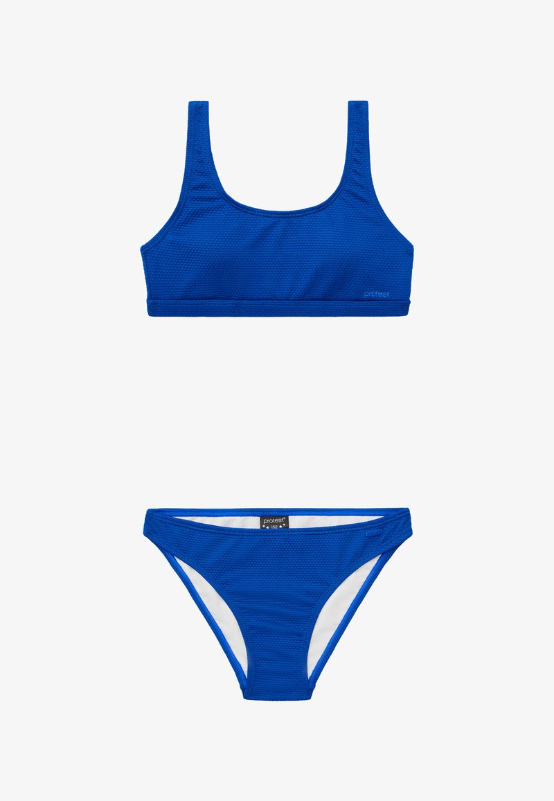 Mėlynos bikini komplektas su tekstūruotu kvadrato formos viršumi ir žemu juosmeniu, turinčiu kontrastingą baltą pamušalą. Pagaminta iš tamprios medžiagos.