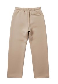 Pantalones deportivos beige hechos de tela suave, con cintura elástica, corte recto y un pequeño bolsillo trasero sin herrajes visibles.