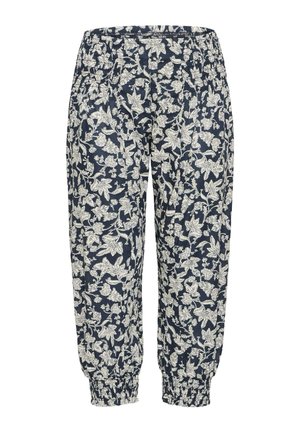 Pantalons navy avec motif floral blanc, taille élastique et poignets froncés. Fabriqué en tissu léger, offrant une coupe décontractée pour le confort.