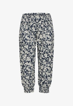 Pantalons navy avec motif floral blanc, taille élastique et poignets froncés. Fabriqué en tissu léger, offrant une coupe décontractée pour le confort.