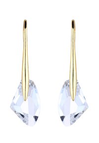 Guldtonade örhängen med förlängda krokar och klara, fasetterade kristalldetaljer i diamantform, med en slät, polerad yta.