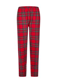 Pantalon de pyjama en flanelle à carreaux rouges avec une ceinture élastique, présentant un motif quadrillé de lignes vertes, jaunes et noires sur le tissu.