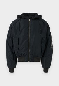 Black padded bomber jacket with a hood, zippered front, and ribbed cuffs. Features two side pockets and one sleeve pocket for storage.