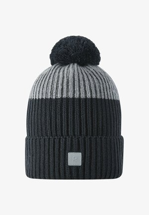 Czapka z dzianiny w ciemnoszarym, jasnoszarym i czarnym paski. Posiada teksturowany, prążkowany wzór oraz pompon na szczycie. Zawiera małą łatkę z logo.