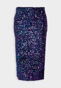 Jupe crayon ajustée longueur genou recouverte de sequins bleus, violets et roses densément disposés sur fond noir.