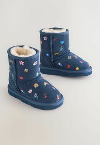Modré sametové členkové čižmy so soft cream podšívkou, ktoré majú farebné vzory kvetov, včiel, dúh a usmievajúcich sa tvárí.