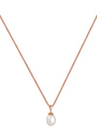Collana in oro rosa con ciondolo a forma di perla bianca singola, texture liscia, forma ovale e finitura lucida.