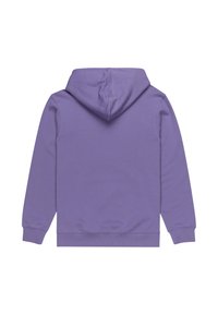 Felpa leggera viola con cappuccio, maniche lunghe e polsini a costine. Materiale soffice con una consistenza liscia. Nessuna grafica o motivo visibile.