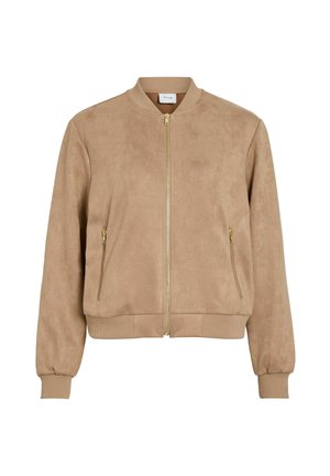 Jasnobrązowa bomberka zamszowa z złotym zamkiem błyskawicznym i zapinanymi na zamek bocznymi kieszeniami, z prążkowanym kołnierzem, mankietami i dolnym wykończeniem.