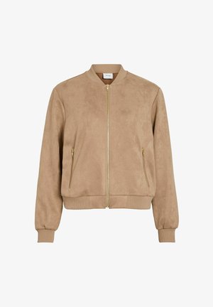 Jasnobrązowa bomberka zamszowa z złotym zamkiem błyskawicznym i zapinanymi na zamek bocznymi kieszeniami, z prążkowanym kołnierzem, mankietami i dolnym wykończeniem.