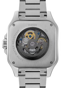 Stainless steel watch with a square case, transparent back displaying intricate gears, and a brushed metal bracelet. Water-resistant feature noted.