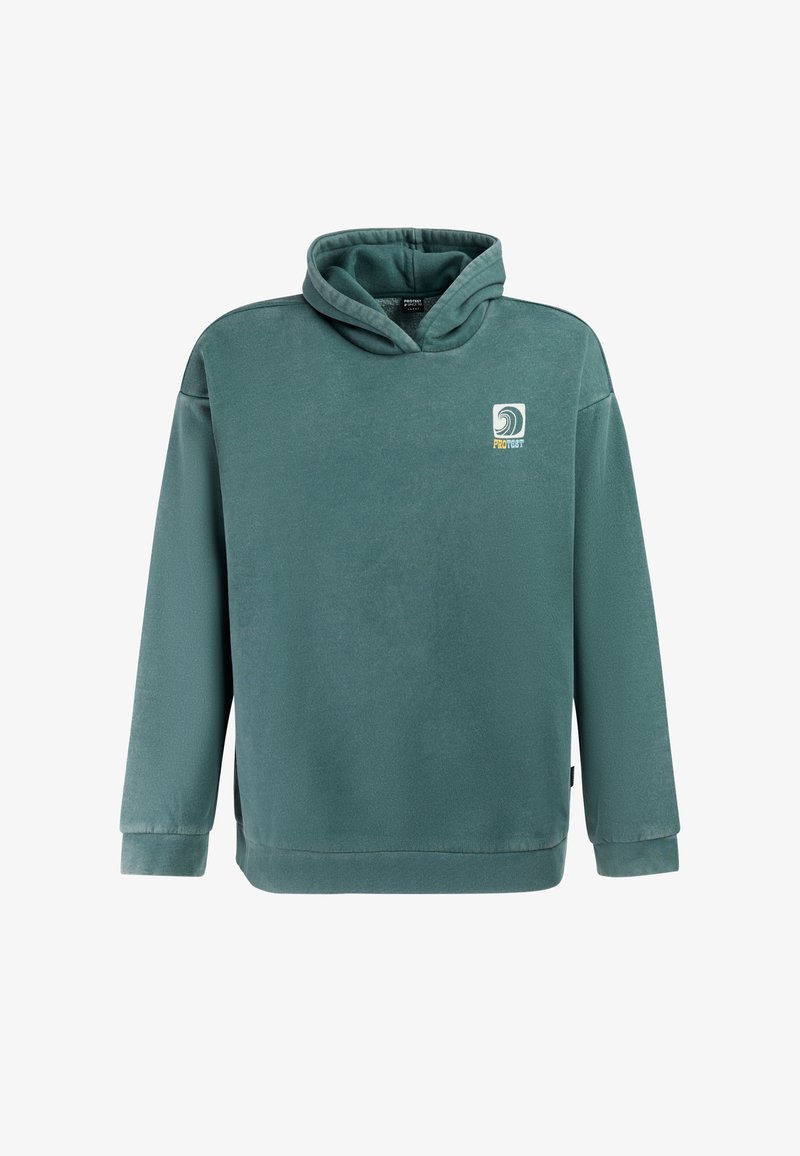 Grüner Kapuzenpullover mit langen Ärmeln und einem kleinen weißen Logo auf der Brust, das eine Welle und das Wort "Protest" zeigt.