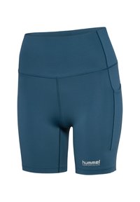 Tealfärgade träningsshorts i ett slätt, stretchigt material. Har en hög midja, sidoficka och kontrasterande sömmar.