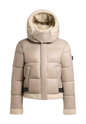 Light beige puffer jacket with a large, fur-lined hood, quilted texture, and two front pockets with black accents at the hem and sleeves.