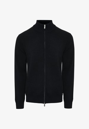 Zwarte zip-up trui met hoge kraag, gemaakt van zachte breimateriaal, met lange mouwen en ribgebreide manchetten en onderrand.