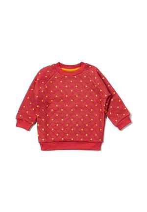 Red quilted sweatshirt with a round neck, featuring yellow star patterns. Ribbed cuffs and hem, soft fabric texture.