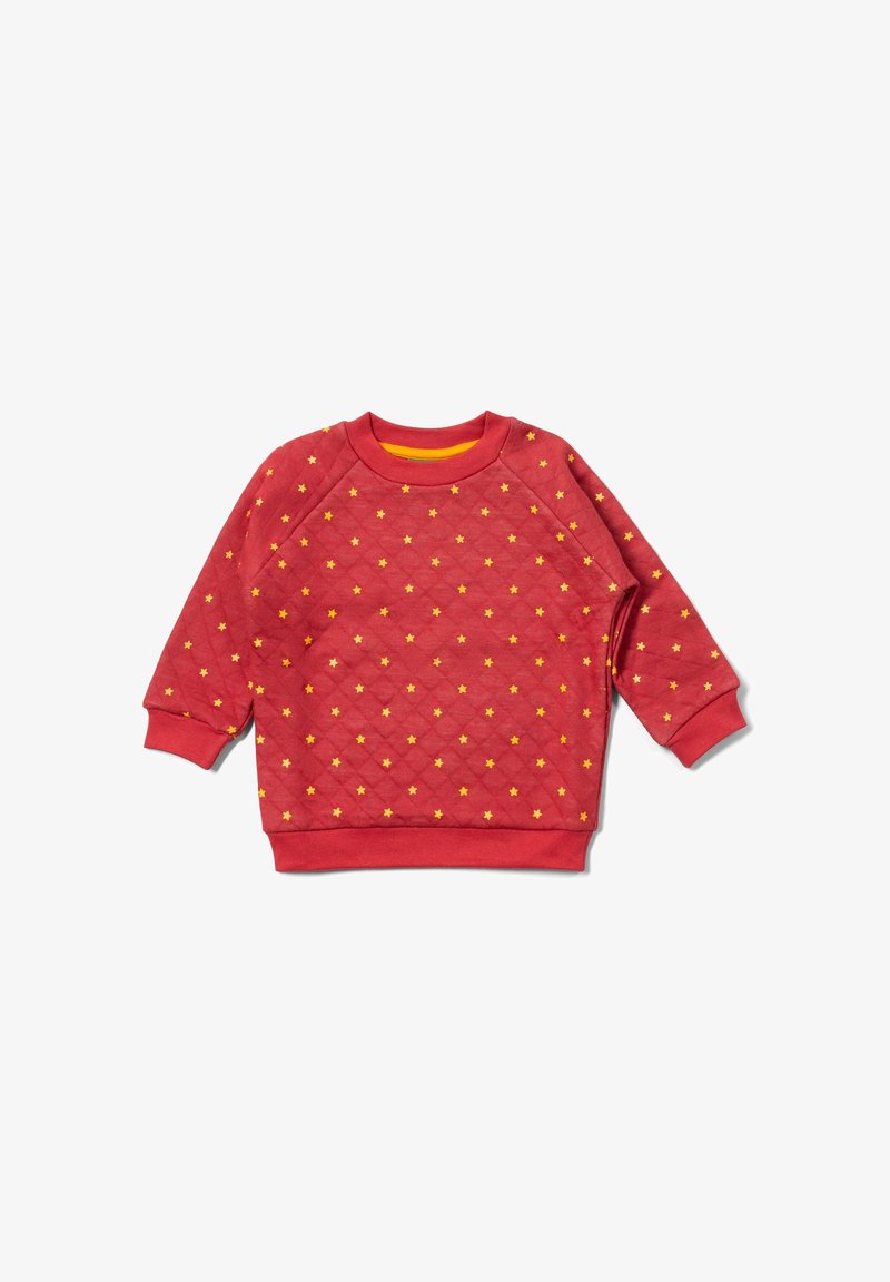 Red quilted sweatshirt with a round neck, featuring yellow star patterns. Ribbed cuffs and hem, soft fabric texture.