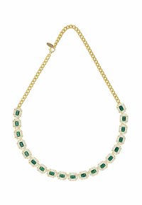 Gold chain necklace with rectangular green gemstones framed by small clear crystals, secured with a lobster clasp.