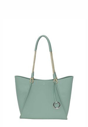 Mint green käsilaukku, joka on valmistettu sileästä synteettisestä materiaalista. Siinä on kaksi köysikahvaa, hopeinen rengasaccentti ja avotoprakenteinen muotoilu.
