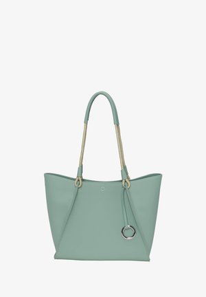 Borsa a tracolla verde menta realizzata in materiale sintetico liscio, dotata di due manici in corda, un accento in anello argentato e un design senza chiusura.
