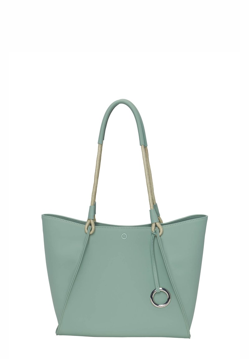 Mint green käsilaukku, joka on valmistettu sileästä synteettisestä materiaalista. Siinä on kaksi köysikahvaa, hopeinen rengasaccentti ja avotoprakenteinen muotoilu.