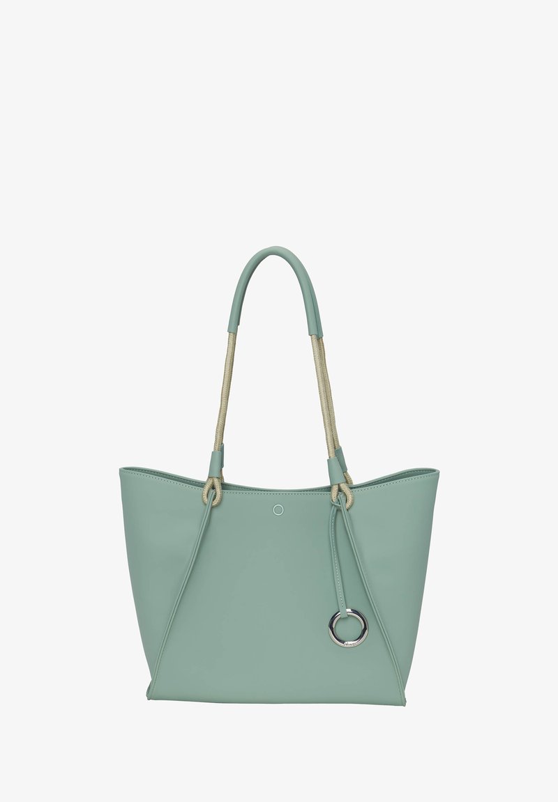 Sac tote vert menthe en matériau synthétique lisse, avec deux poignées en corde, un accent en anneau argenté et un design ouvert.