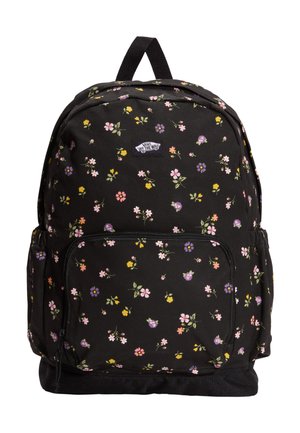 Zwarte rugzak met kleurrijk klein bloemenpatroon, voorvak met rits en Vans "Off The Wall" logopatch bovenaan in het midden.