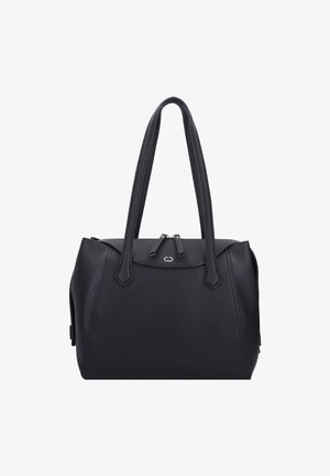 Sac à main en cuir noir avec un design structuré, doté de deux longues poignées, d'une fermeture éclair sur le dessus et de subtils accents de logo à l'avant.