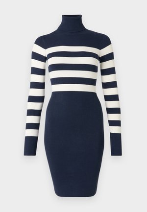 Marineblå og hvitstripet genserkjole med høy hals, tettsittende silhuett, lange ermer, ribbestruktur, med horisontale striper på ermer og overdel.