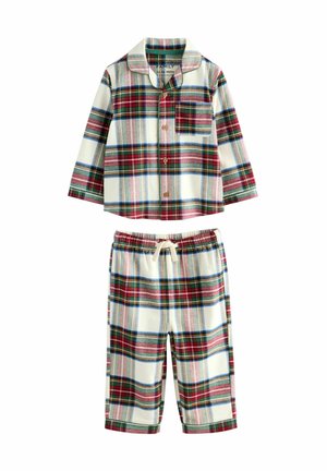Haut à manches longues à boutons, taille pour tout-petit, associé à un pantalon avec taille élastique, le tout revêtu d'un motif écossais rouge, vert, bleu et crème.