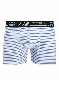 Blue and white striped boxer briefs with a black elastic waistband featuring the brand name "JACK & JONES" and established date.