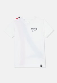 White cotton t-shirt with "PARIS" and Nike logo in navy. Features multicolored accents on the shoulder and a black label on the hem.