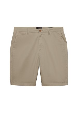 Shorts beige hechos de tela ligera, con cierre de botón, bolsillos laterales y un diseño ajustado con dobladillos cosidos.