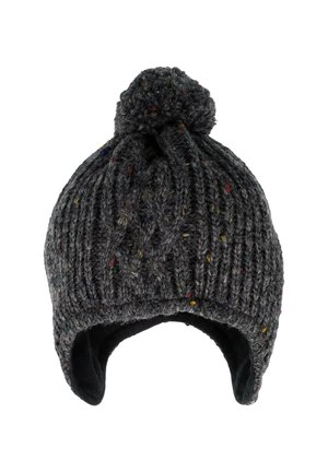 Knit hat in dark gray with multicolored specks. Features a thick ribbed design, pom-pom on top, and ear flaps for added warmth.