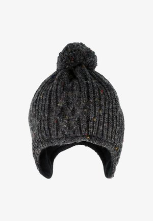 Knit hat in dark gray with multicolored specks. Features a thick ribbed design, pom-pom on top, and ear flaps for added warmth.