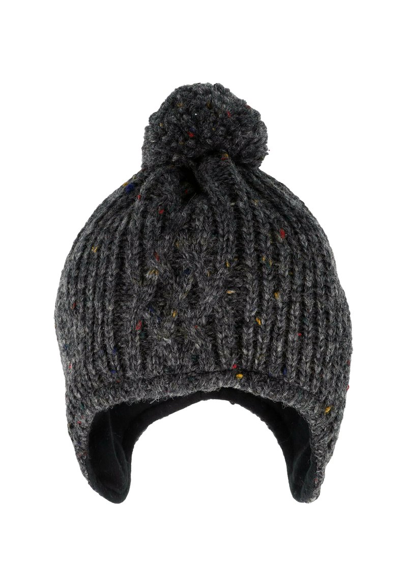 Knit hat in dark gray with multicolored specks. Features a thick ribbed design, pom-pom on top, and ear flaps for added warmth.