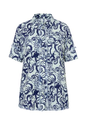 Kurzärmliges Hemd zum Knöpfen mit blau-weißem floralen Paisley-Muster, ausgefranste Kanten an Ärmeln, Vorderseite und Saum.