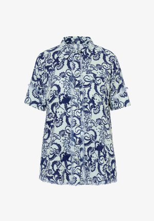 Kurzärmliges Hemd zum Knöpfen mit blau-weißem floralen Paisley-Muster, ausgefranste Kanten an Ärmeln, Vorderseite und Saum.