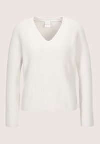 Witte gebreide trui met lange mouwen en V-hals, met een ribbeltextuur en een iets losse pasvorm.