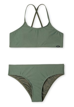 Conjunto de bikini de dos piezas en verde oliva, que incluye un top corto con tirantes cruzados en la parte posterior y una braguita de tiro bajo. Fabricado con un tejido suave y elástico.