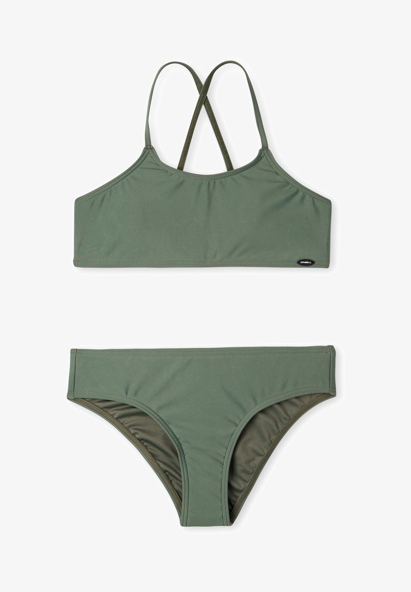 Δίχρωμο μπικίνι σε ελιά, με cropped τοπ και σταυρωτές τιράντες και χαμηλοκάβαλο σλιπ. Φτιαγμένο από μαλακό, ελαστικό ύφασμα.