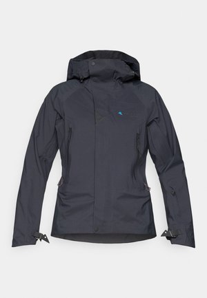 Waterproof dark grey jacket with a hood, zippered pockets, adjustable cuffs, and textured accents on the shoulders and chest.